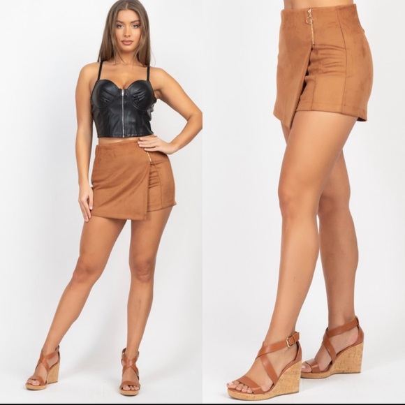 Brown Faux Suede Mini Skort - Picture 1 of 10